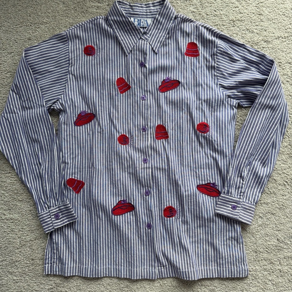 BFA 100% Cotton Purple Striped Button Down Shirt with Red Hat Accents Vintage